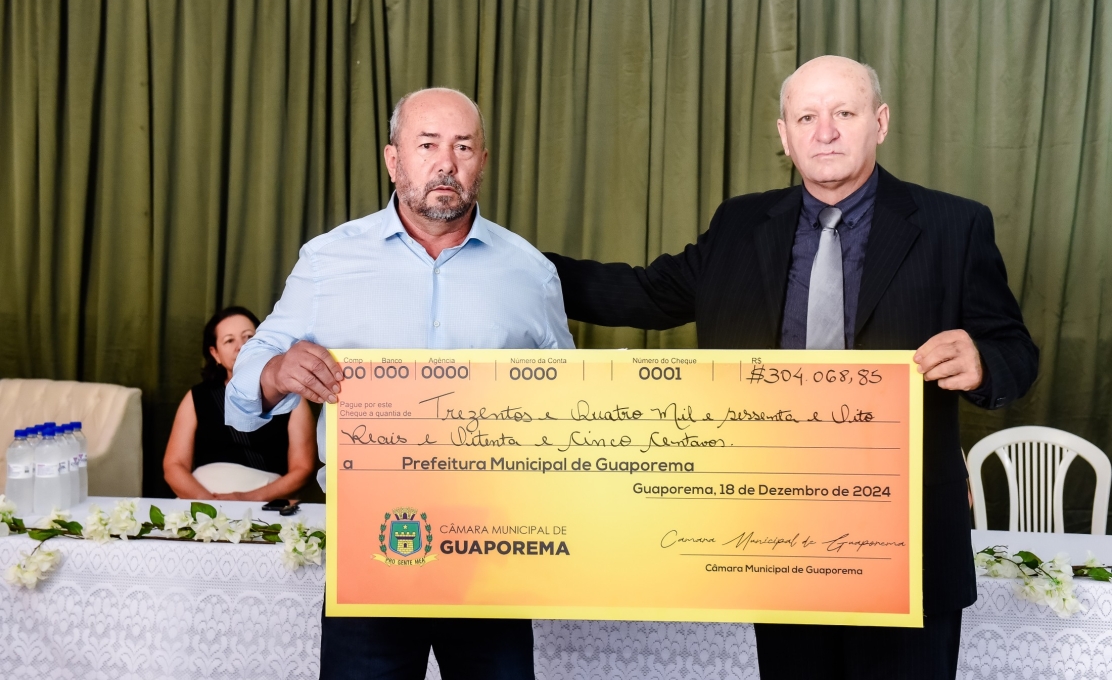 Câmara de vereadores devolve mais de 300 mil reais à Prefeitura de Guaporema.