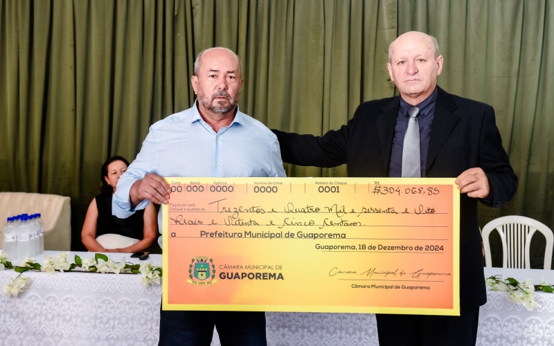 Câmara de vereadores devolve mais de 300 mil reais à Prefeitura de Guaporema.